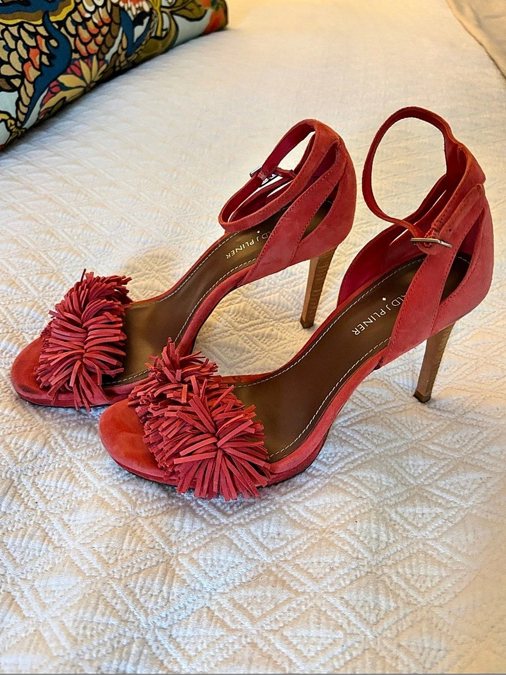 Donald J Pliner Fringe Ankle Strap Heels in Red